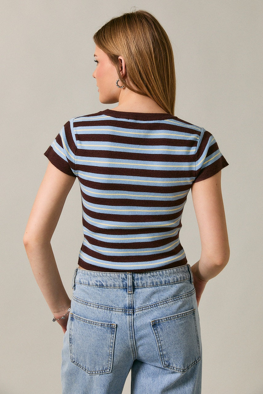 Brynlee Striped Sweater Baby Tee- Brown/Blue