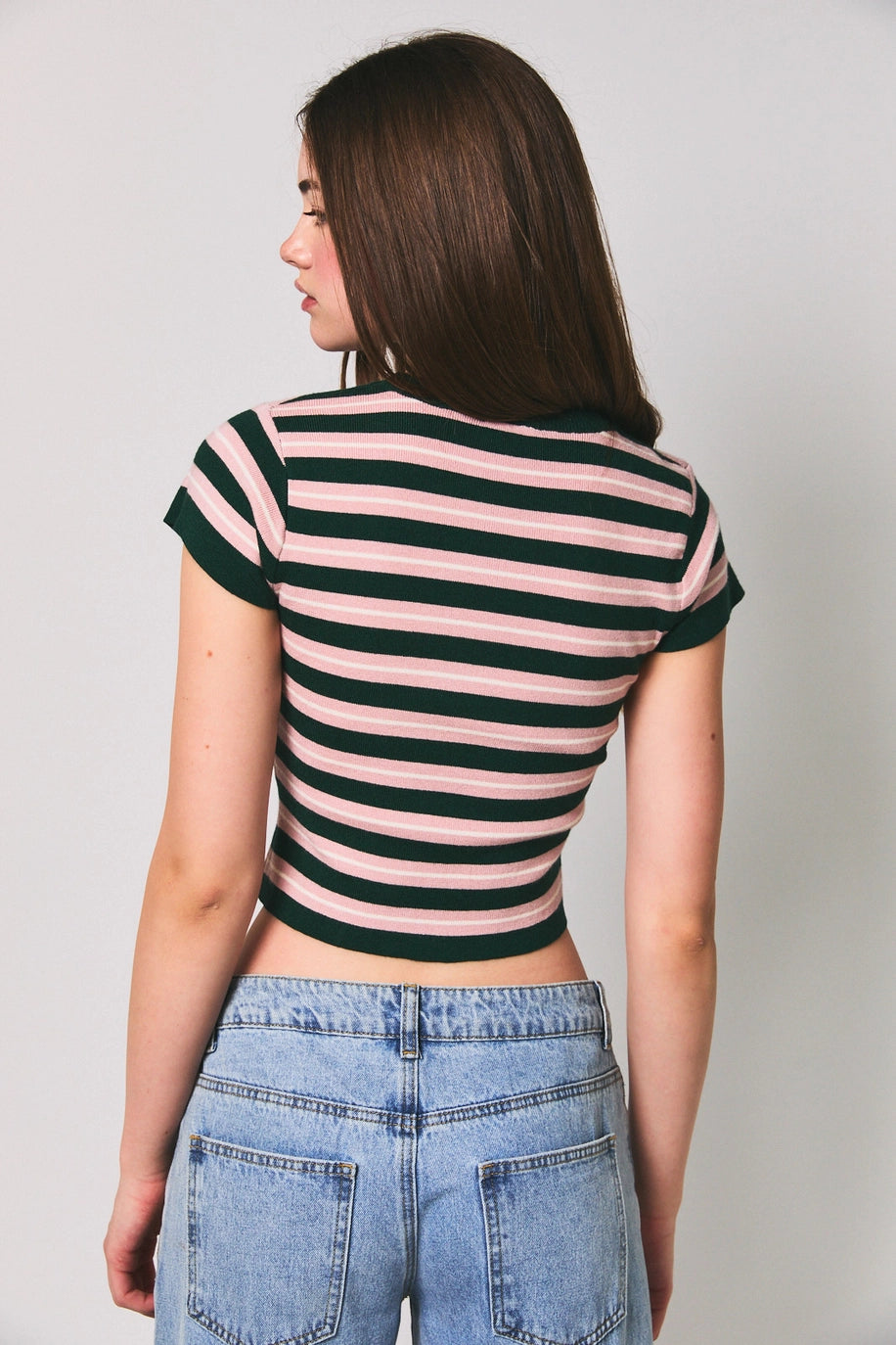 Brynlee Striped Sweater Baby Tee- Green/Pink
