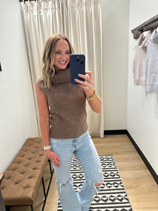 Landry Turtle Neck Sweater Tank- Chocolate