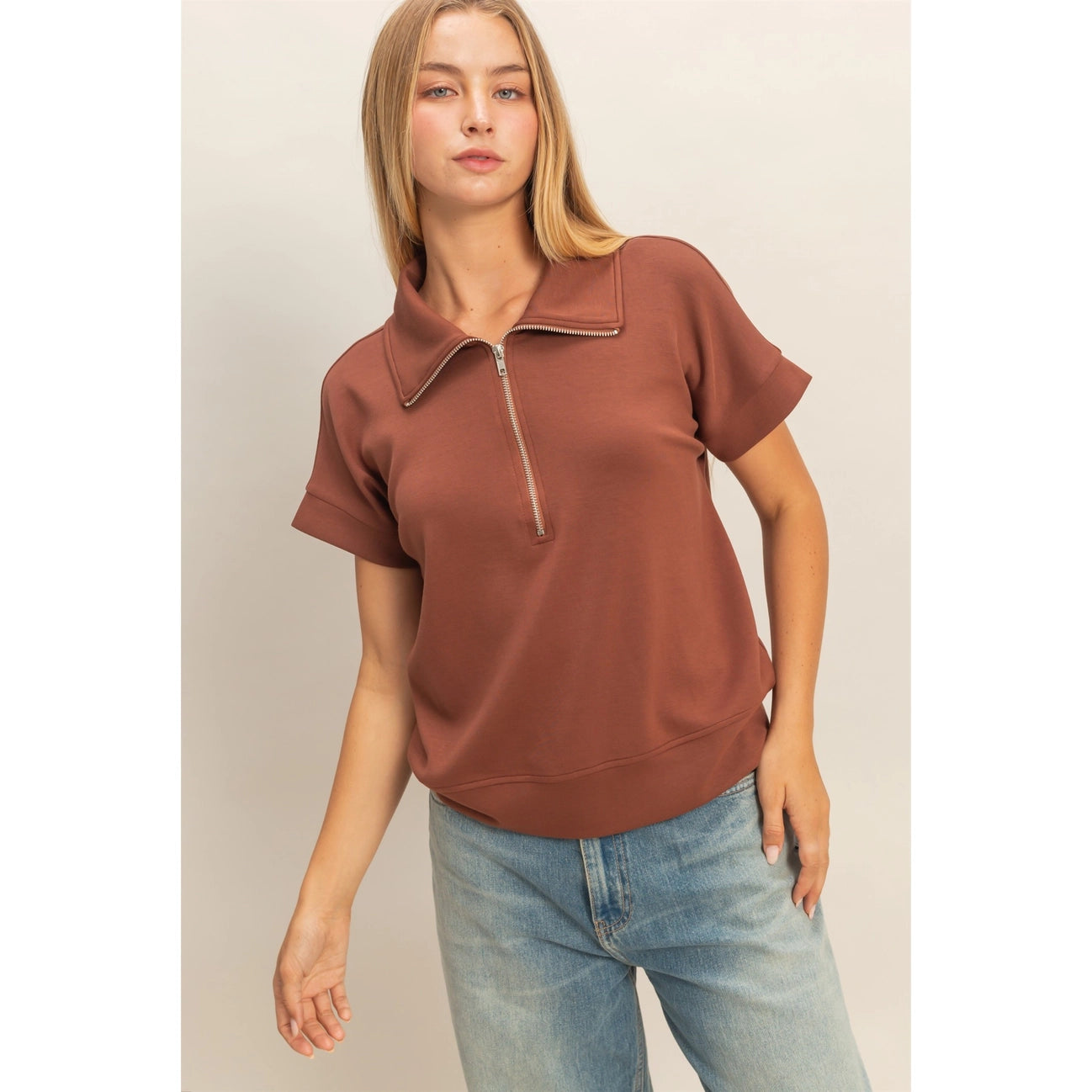 Ziggy Half Zip Top- Chestnut