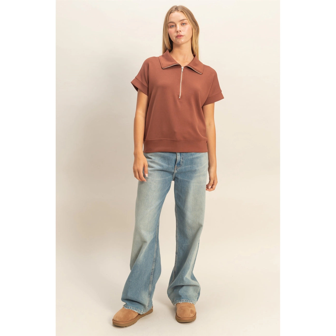 Ziggy Half Zip Top- Chestnut